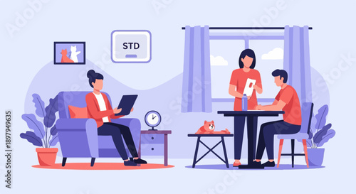 Two people and a pet gather in a modern living room with plants