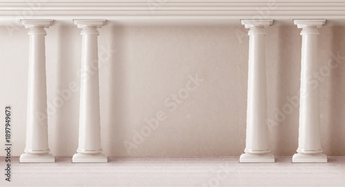 Ancient greek, roman arch with marble columns, classical pillar design background. Realistic vector illustration of greece temple architecture with stone colonnade, tile floor, ornate entrance portal