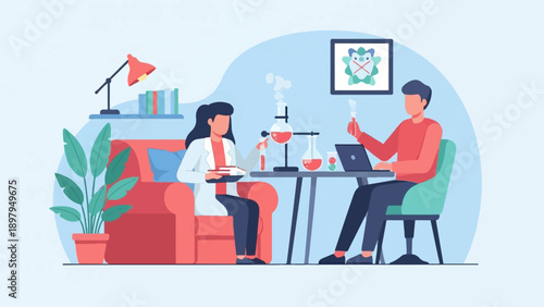 Two people in a laboratory setting conduct an experiment with beakers and a laptop