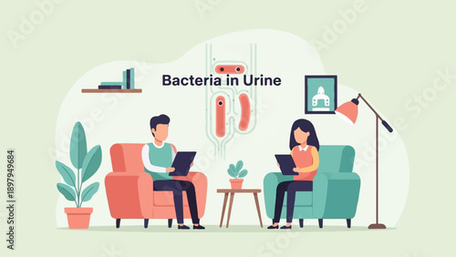 Two people in a living room discussing bacteria in urine