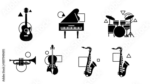 Set of Musical Instruments Icons: Guitar, Piano, Drums, Trumpet, Violin, Saxophone
