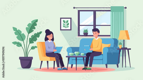 Two people in a living room are discussing business while looking at tablets