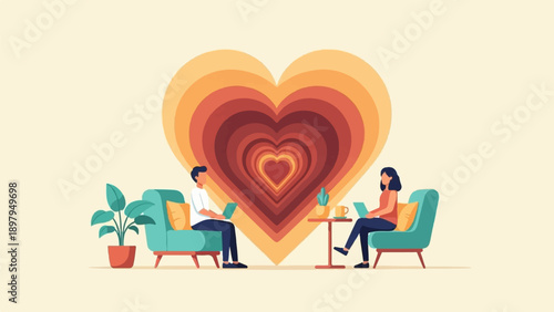 Two people connect remotely with a vibrant heart-shaped tunnel behind them