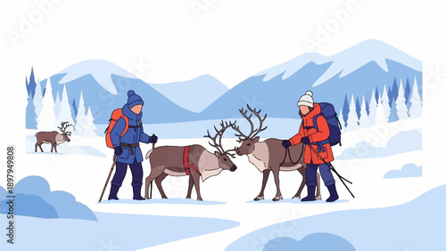 Two people in winter attire with backpacks, accompanied by reindeer in a snowy landscape