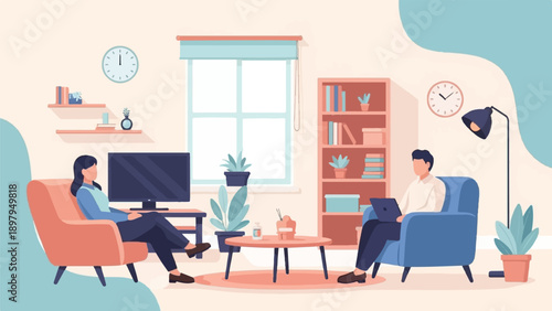 Two people in a living room, one using a laptop, the other watching television