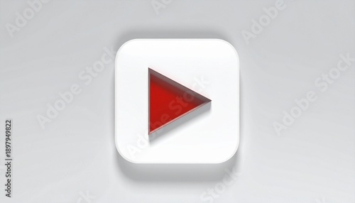 Three-dimensional red play button icon raised on white rounded square background, symbolizing video playback, tactile design, modern media interface, and recognizable digital platform aesthetic.