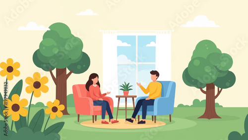 Two people converse comfortably in chairs with a window view of nature