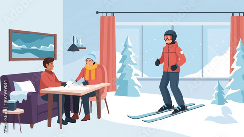 Two people indoors at table, skier outside window in snowy landscape