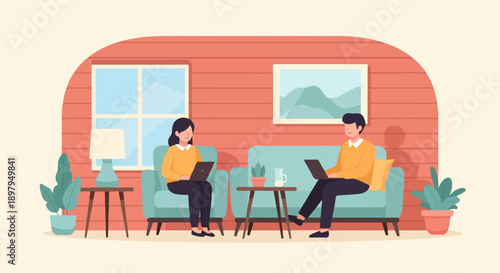 Two people in yellow shirts sit on sofas using laptops in a room