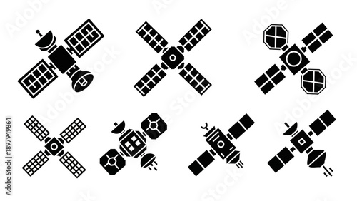 Set of Satellite Icons: Spacecraft, Orbit, Communication, Technology, Science, Vector Icons