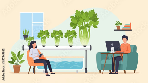 Two people indoors, one tending to hydroponic plants, the other working