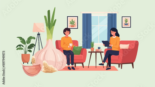 Two people converse in a living room with a giant garlic bulb and plants