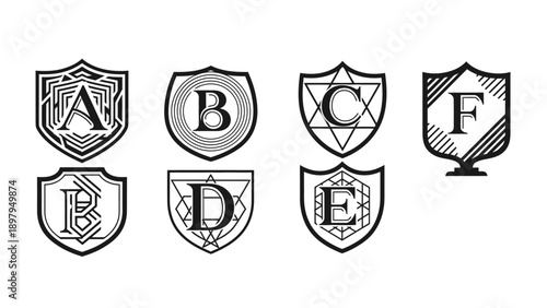 Set of Shield Emblems with Letters A to F, Heraldic Badges, Crests, and Symbols