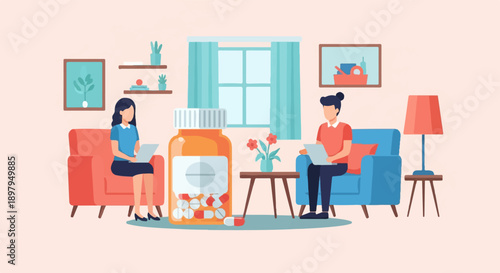 Two people in a living room with a bottle of pills and laptops