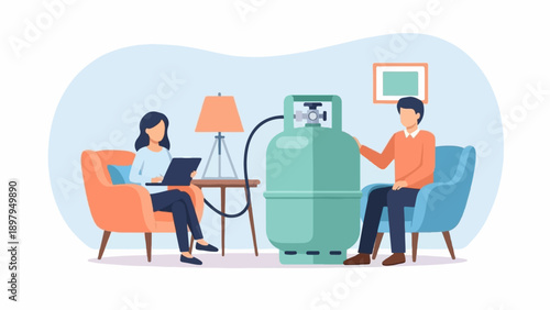 Two people in a living room with a large gas cylinder