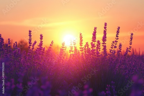 Sunset casting golden hues over violet lavender fields in the Valensole region of France on a serene evening