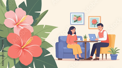 Two people converse over coffee with tropical flowers in background