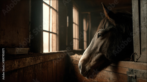 Wallpaper Mural Horse resting inside a barn near a window with soft natural light and peaceful rural mood Torontodigital.ca