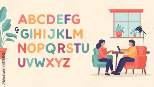 Two people interacting in a room with alphabet letters and plants