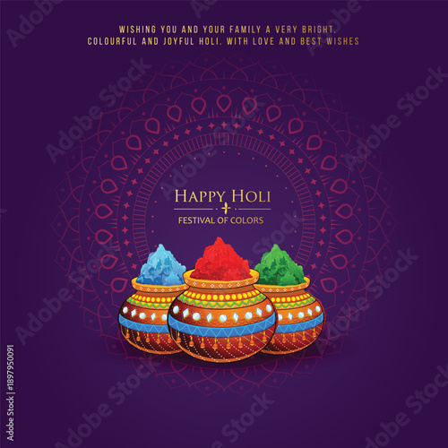 Happy Holi indian hindu festival of colors greeting orange background with colorful green, blue, red powder , banner, poster, creative, flyer
