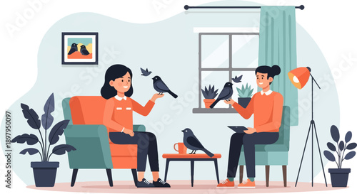 Two people interacting with birds in a cozy living room