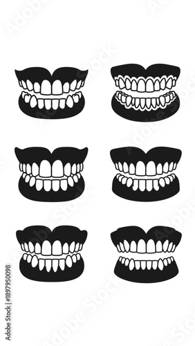 Set of Six Denture Styles, Full Mouth Dental Prosthetics, Black and White Illustration