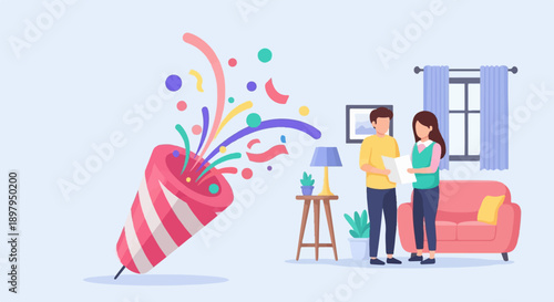 Two people discuss a document in a living room with a party popper explosion