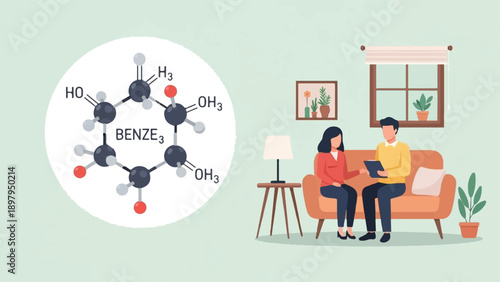 Two people discuss a molecular structure in a modern living room