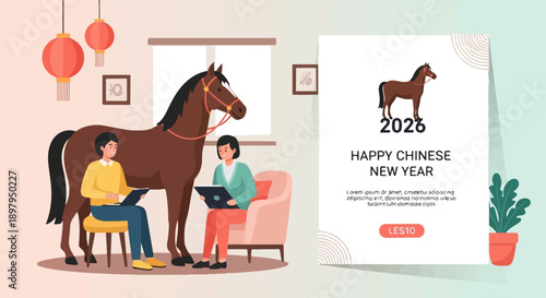 Two people observe a horse and celebrate the new year with decor