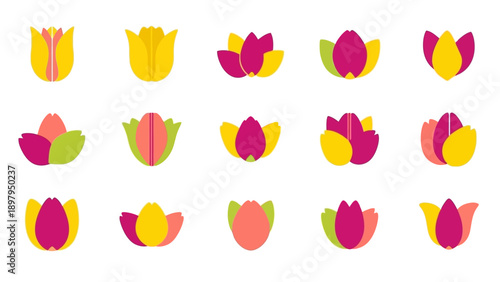 Set of stylized tulips icons, flat design, colorful floral elements, spring symbols
