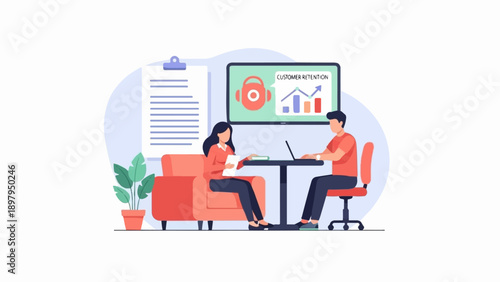Two people discuss customer retention strategy in an office setting