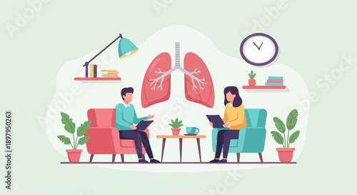 Two people in a room discuss lungs, with a clock and plants