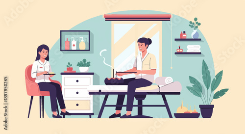 Two people in a room, one giving a massage, the other holding a tray