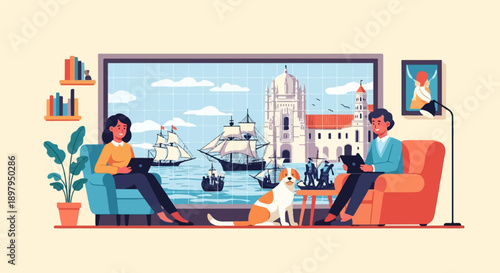 Two people and dog relax indoors with a view of sailboats and a historic city