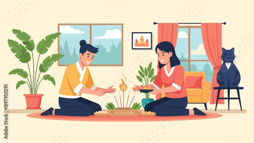 Two people offer ritualistic items during a ceremony with a cat observing