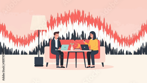 Two people on a couch using laptops with a colorful abstract background