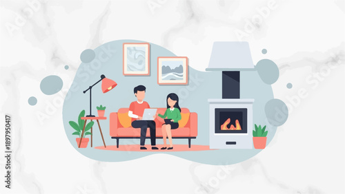 Two people on a couch with a laptop by a fireplace