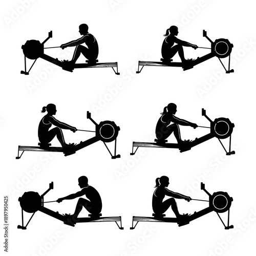 Silhouettes of people rowing on rowing machines, fitness and exercise concept