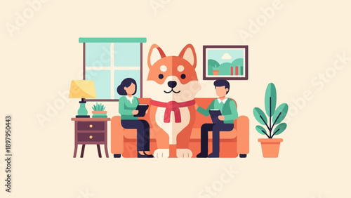 Two people on a couch with a large dog, in a room