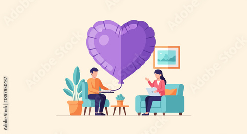 Two people in a room with a large purple heart-shaped balloon