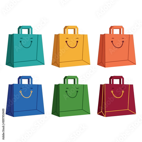 Six Colorful Shopping Bags with Smiling Faces - Retail, E-commerce, and Gifts