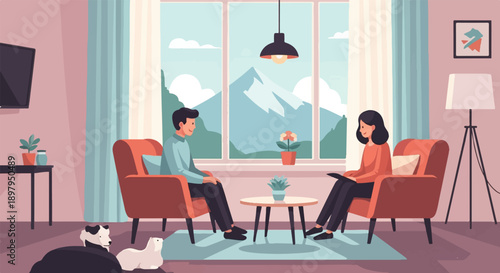 Two people and dogs relax in a living room with a mountain view