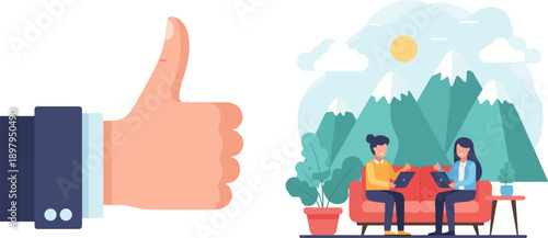 Two people on a couch with laptops, thumbs up gesture, mountains, sun, clouds