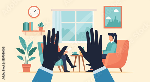 Two people in a room with a therapist's hands in the foreground