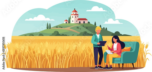 Two people in a wheat field, analyzing data with a distant farmhouse on a hill