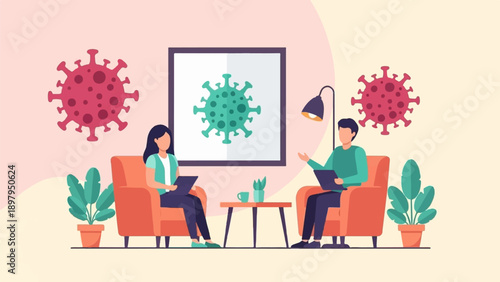 Two people discuss virus on couches, with virus art and plants
