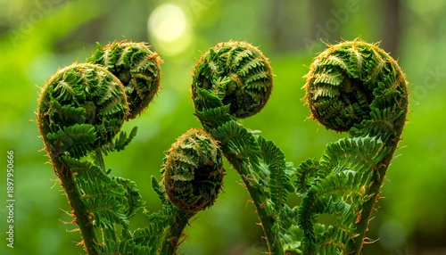 Close-up of unfurling fern fronds in a lush green forest setting.