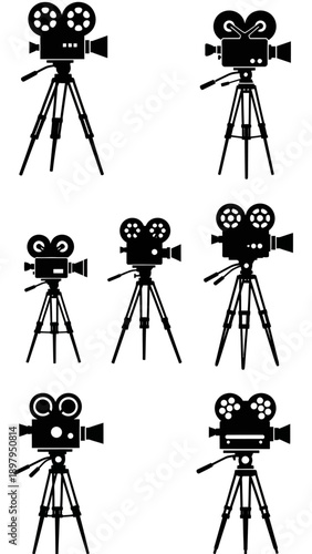 Vintage Film Cameras Collection on Tripods, Retro Cinema Equipment Set