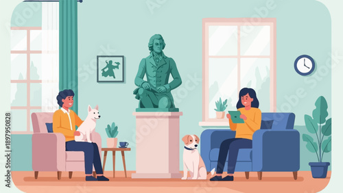 Two people and two dogs relax in a brightly lit living room with art