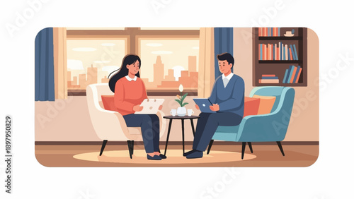 Two people in armchairs discuss work on tablets, with a city view